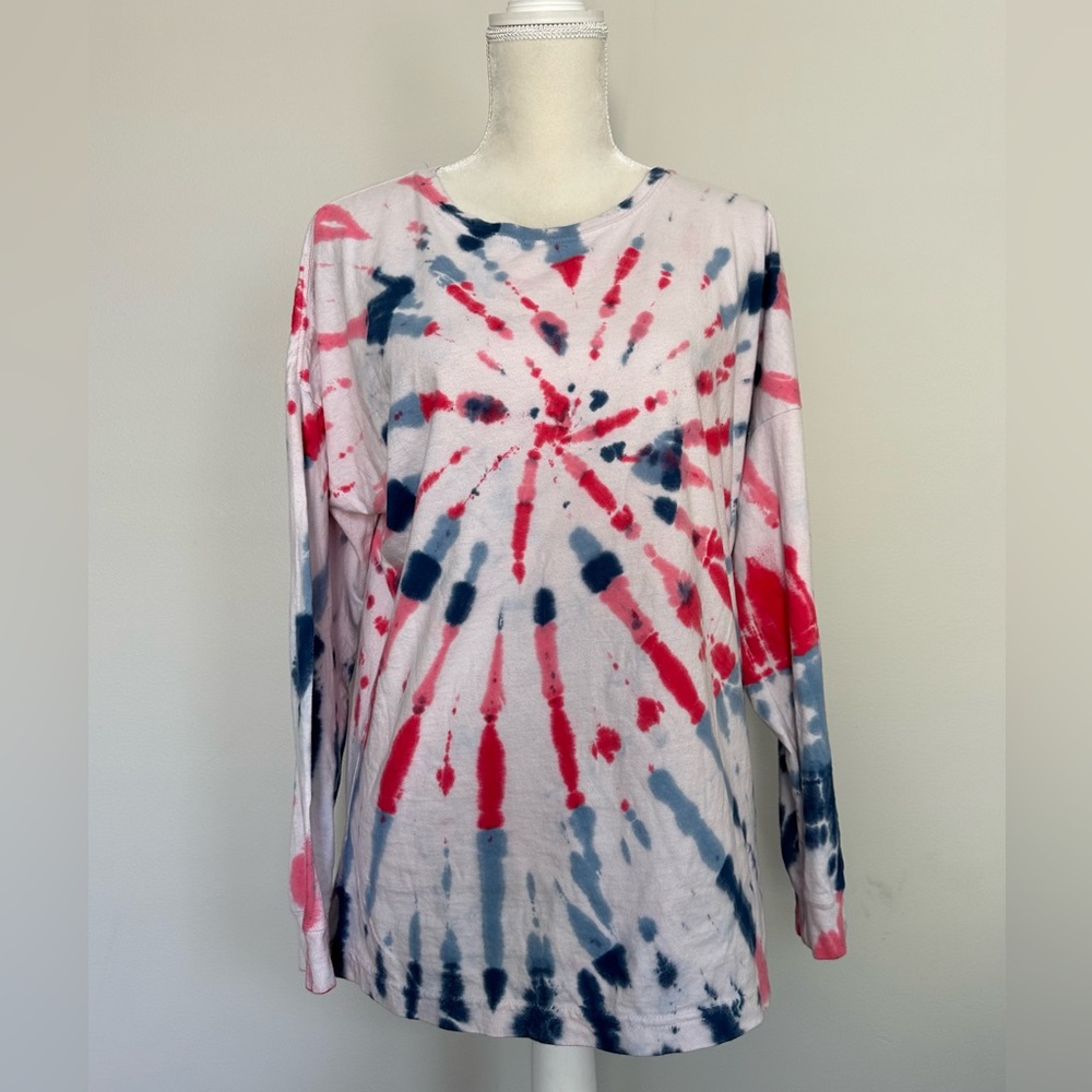 NWOT No Brand Long Sleeve Cotton 4th of July Tie Dye Shirt Red White Blue S M